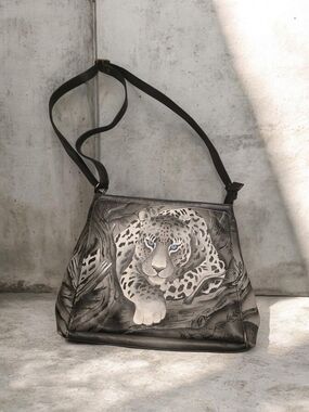 Anuschka Gray Leopard Motif Leather Shoulder Bag